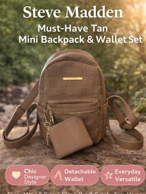 Steve Madden Set ‎ Backpack & Wallet NEW | Embossed Cognac Bag  & Gold Hardware